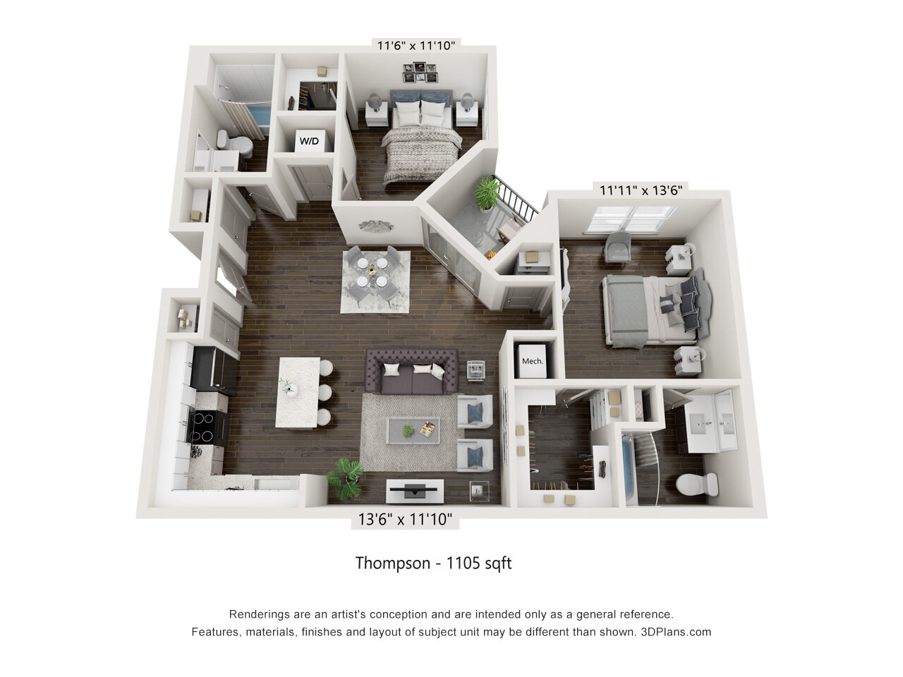 Floor plan for 2 beds, 2 baths, 1105 sqft